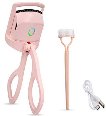 Elektrische Beheizbare Wimpernzange, Wiederaufladbare Tragbare Beheizbar Wimpernzange, Elektrische Beheizte Wimpernclip mit Wimpernkamm, 2 Temperaturmodi und Silikon-Heizkissen USB-C (Rosa)