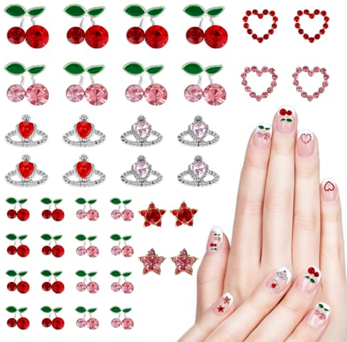 TIESOME 40 Stück Strasssteine Nagel Charms, Kirsch Nagelkunst Edelsteine glänzende Nagelschmuck Dekorationen Nagel Deko Charms Nägel Diamant Nagel Ornament Acryl Nagel Zubehör