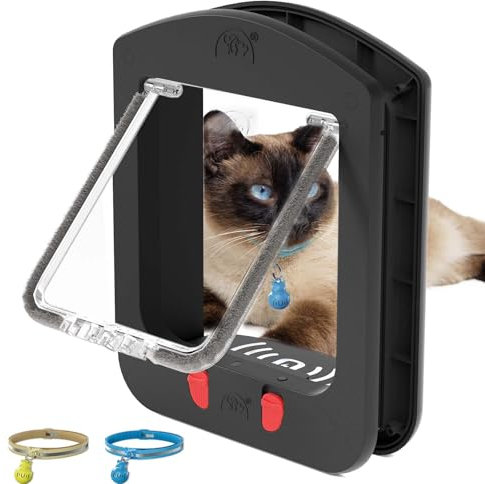 [ALUMANI] Puerta de gato para puerta interior y puerta exterior, bloqueo de 4 vías con solapa magnética, puerta de gato activada por collar, 2 collares magnéticos para gatos, color negro