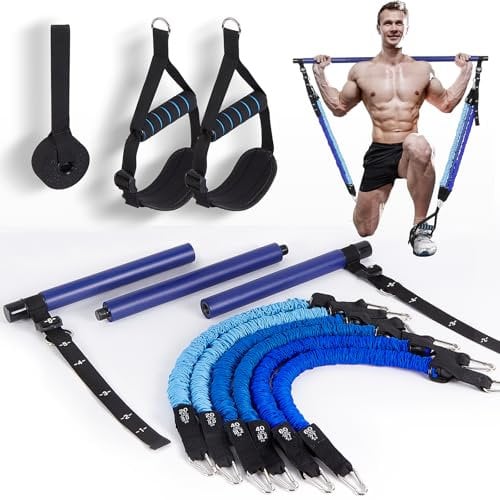 ALongSong Fitnessbänder Pilates Bar Set 6 Widerstandsbänder mit Stange 20-240lbs Fitnessgeräte für Zuhause Resistance Bands Home Gym Pilates-Stange Verstellbare&Abnehmbare,Griffe,Türanker