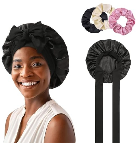 GUGUGO Seidenhaube zum Schlafen, Silk Bonnet mit 3 Haargummis, Verstellbare Schlafhaube, Damen Satin Haube, Silk Sleeping Cap, Seidenhaube zum Schlafen für Locken