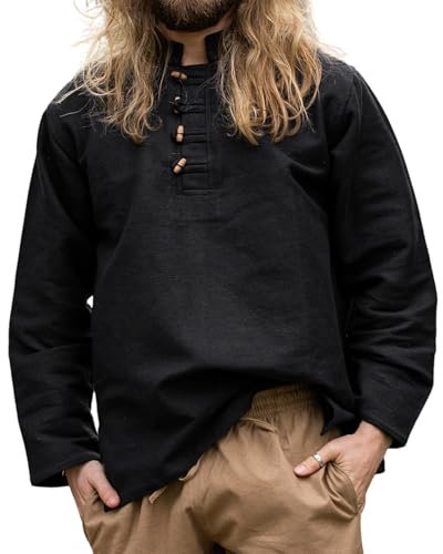 Leonardo Carbone® Mittelalter Hemd Anton - Mittelalter Kleidung, Mittelalter Hemd Herren, LARP-Kleidung, Festival Outfit Herren, Karneval Kostüm, Freizeithemden Langarm - 100% Baumwolle Schwarz 3XL
