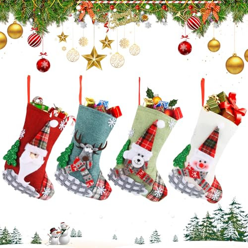 SilverChry Calcetín de Navidad, 4 Piezas Medias de Navidad, Calcetines Navidad Chimenea, Navidad Calcetines, Calcetín Navidad Chimenea, para Árbol, Chimenea, Escaparate, Bolsa de Dulces