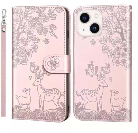 Nbziyoo Phone Case for iPhone 14 Plus, Embossed Deer Floral Animal Flip Wallet Case with Card Slots, Premium Magnetic Protective PU Leather Cover Case for iPhone 14 Plus.Pink