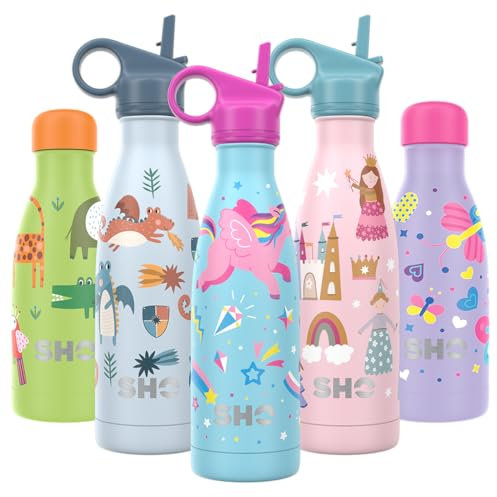 SHO Kids Bottle - Ultimate Insulated, Double Walled Stainless Steel Vacuum Flask & Water Bottle - 12 Hours Hot & 24 Hours Cold - 260ml, 375ml - BPA Free (Unicorns with Straw Lid, 375ml)