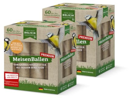 2 x 60 Stück Delicia Meisenballen mit Insekten und Aufhänger, Meisenknödel ohne Netz, Insektenknödel, Vogelfutter, Meisenfutter