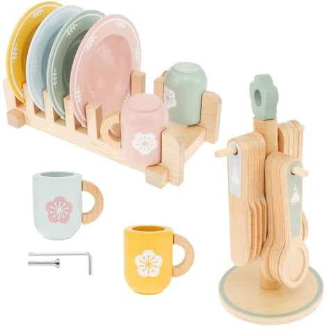 Wooden Kitchen Toys, 22Pcs Kids Pots and Pans Playset, Wooden Tea Set for Children Age 3+ Toy Kitchen Accessories, Funny Toddler Kitchen Toy, Children Kitchen Cutlery and Plate Toy Set