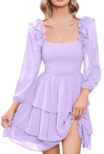 Vestido de mujer elegante monocolor de gasa, espalda descubierta, con escote cuadrado, vestido de verano, manga larga, línea A, vestido de princesa, hasta la rodilla, vestido de noche, A2-lila., XL