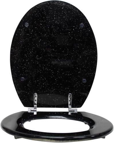 Yorkshire Homeware 18 Universal Toilet Seat | Toilets Oval Seat with Hinges & Parts | MDF Glitter Coating Toilet Seat | Soft Close Toilet Seat | Glittering Toilet Seats Bathroom Essential (Black)