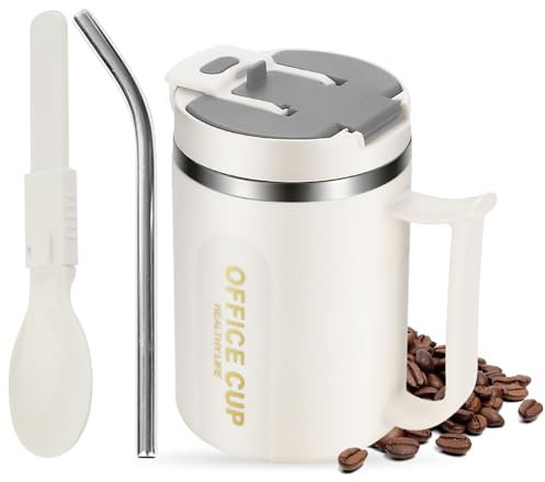 Kytpyi Tazzine Caffe, 500ml Moda Acciaio Inossidabile Termos Caffè con Coperchio 1 Cannuccia 1 Cucchiaio Pieghevole per Casa Scuola Ufficio (Grigio)