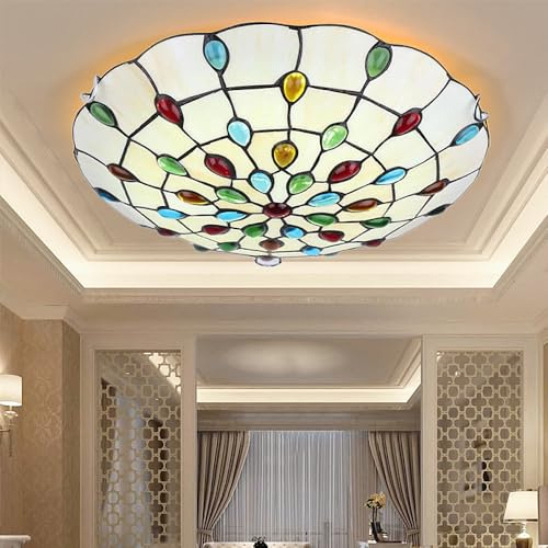 XINYASEE Plafonnier de chambre Tiffany, plafonnier rond E27 avec abat-jour en verre coloré, plafonnier encastré pour éclairage de balcon de couloir de salon, 30-40 cm (C, 40cm)