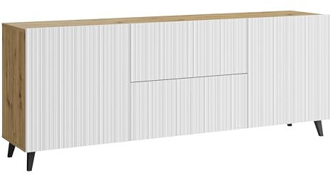 MINIO go for it - Kommode LOKET, 180 cm breit, Standkommode, Sideboard, Wohnzimmer, Wohnzimmermöbel, Farbe: Artisan Eiche/Weiß mit schmalen gerillten MDF-Fronten/Schwarze Beine