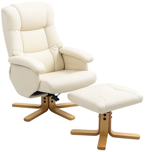 HOMCOM Sillón Relax con Reposapiés Silla Relajante Giratoria 360° y Respaldo reclinable Silla TV Carga hasta 120Kg para Salón, Dormitorio, Oficina, Crema