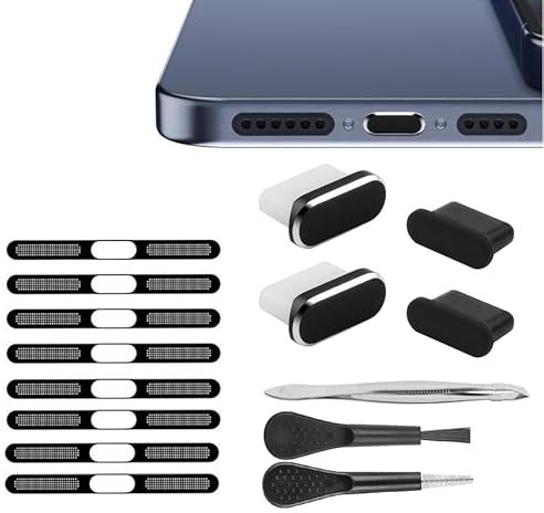 BelleVive 8-pack dustproof mesh stickers for iPhone 16/15/Pro/Pro Max, USB-C dust plugs, anti-dust, speaker mesh, phone charging port cleaner for all Type-C devices, black