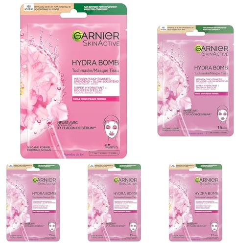 Garnier Tuchmaske, Gesichtsmaske für fahle Haut, Glow-boostend und feuchtigkeitsspendend, Mit Hyaluronsäure und Sakura, Hydra Bomb, 28 g (Packung mit 5)