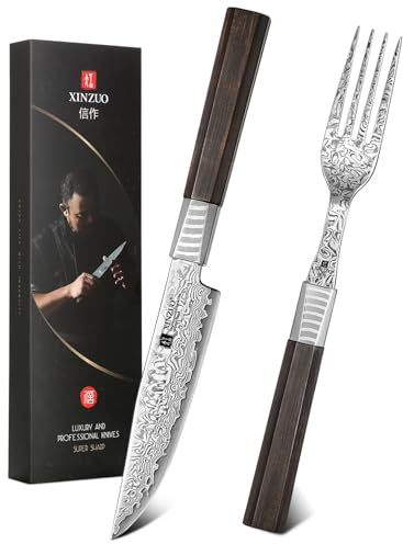 XINZUO 67 Schichten Damaststahl 2-Teiliges Steakbesteck Set -Ebenholz-Griff | Hochwertige Tafelmesser, Steakmesser und Steakgabeln, Essbesteck Set mit Messer und Gabel, für Pizza/Steak, mit Geschenkbox