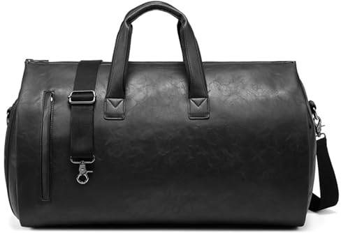 Leder-Kleidersack, wandelbare Kleidertasche für Reisen, Herren-Anzugtasche, 2-in-1, wasserdicht, faltbar, Handgepäcktasche mit Schultergurt, Wochenendtasche mit Schuhbeutel, Pu-schwarz, 20*11.5*12