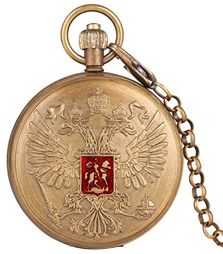 QTYQWC Doppelköpfige Adlermantel Russische Nationales Emblem Abzeichen Reiner Kupfer Tourbillon Mechanische Handwicklung Taschenuhr Kette