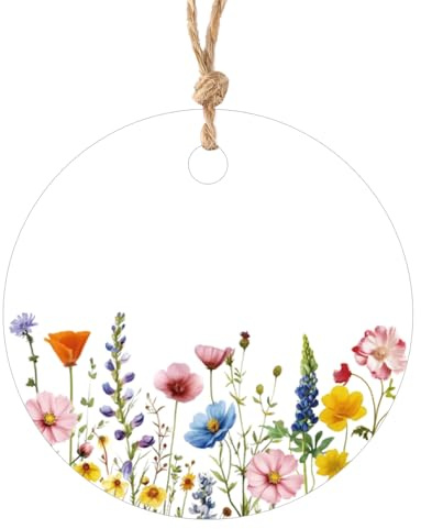 jijAcraft Geschenkanhänger Rund mit Blumen Gras: 5.5cm Weiß Papier Anhänger zum Beschriften 50 Stück Papier Etiketten mit Loch und Schnur Papieranhänger für DIY Weihnachten Geburtstag Geschenk