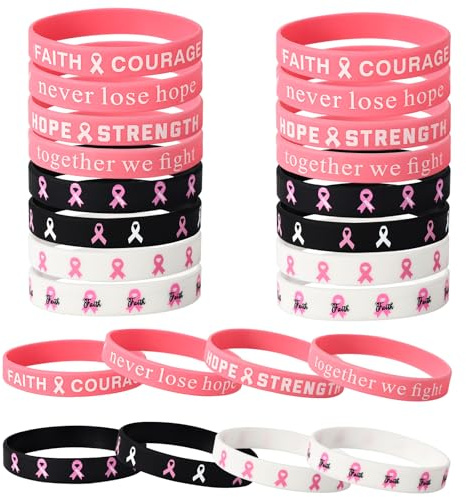 Lyreh 24stk Brust Bewusstseins Armband, 8 Stil Elastischer Silikon Pink Ribbon Armband mit Inspirierenden Worten für Frauen Aktivitätsgeschenk Wohltätigkeitsveranstaltung Sozialhilfe Versorgung