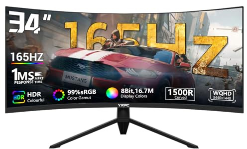YXPC UWQHD UWQHD 3440 x 1440 1500R Ultra Wide Curved Gaming Screen 165Hz, 1ms (MPRT), HDR, 300nits, sRGB99%, FreeSync, HDMI 2.0 (TMDS) x2, DP1.4 x2, Eye Care, VESA (100x100x100x 100 x 1) 00
