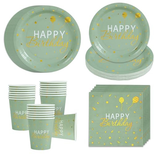 Stoviglie per Feste di Compleanno - 96 Pezzi Verde Salvia Stoviglie Monouso di Compleanno Inclusi Piatti Carta Tovaglioli Bicchieri, Piatti e Bicchieri per Decorazioni Feste Ragazzi Ragazze(24 Ospiti)