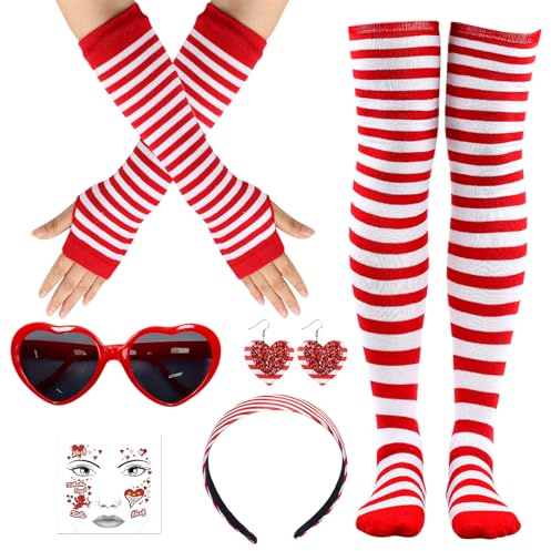 Karneval Kostüm, 6 Stück Karneval Accessoires Damen, Ringelsocken Rot Weiß, Gesichtstattoo, Haarreif, Herz Ohrringe Rot, Herz Brille, Handschuhe, Karnevalskostüm Rot Weiß, Karnevals Kostüme Damen