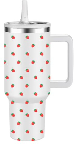 FOLAI Eco-Friendly Insulated Water Bottle,100% Leakproof Stainless Steel Travel Mug Water Tumbler,40 Oz Vacuum Insulated Cup with Handle and Straw Lid,Dishwasher Safe,Gifts for Women(Strawberry)