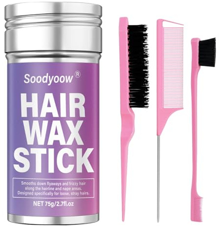 Soodyoow 75g Haarwachs-Stick mit 3 rosa Kämmen, Haarwachs-Stick & Haarbürsten, 4-teiliges Haar-Styling-Set, glatte Flughaare, Frizz, für Mädchen, Kinder und Frauen