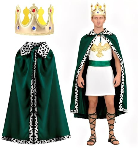 AHEJIOO König Kostüm Herren & Damen – Umhangl & Krone König, Faschingskostüme Männer & Damen, Karneval Kostüm Herren Für Karneval, Halloween & Party