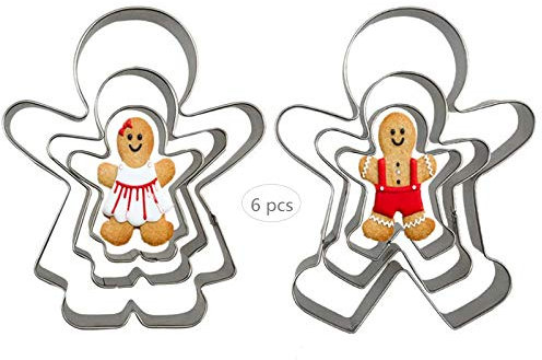Juego de 6 cortadores de galletas con forma de hombre de jengibre y mujer de jengibre, de acero inoxidable, para niños y niñas, moldes para hornear