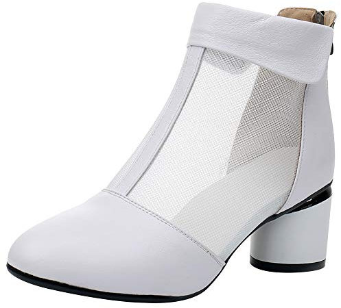Jamron Donna Elegante Tallone di Blocco Stivaletti Traspirante Maglia Estate Stivali Pumps Bianco SN02664 EU38.5