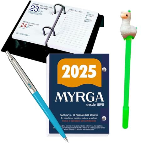 Lote de 1 Porta-calendarios (soporte) FAIBO y 1 bloc taco calendario MYRGA sobremesa escritorio año 2025 650 páginas - Fin de semana / 1 Página + 1 Bolígrafo Inoxcrom B55 Fiesta + Bolígrafo de diseño