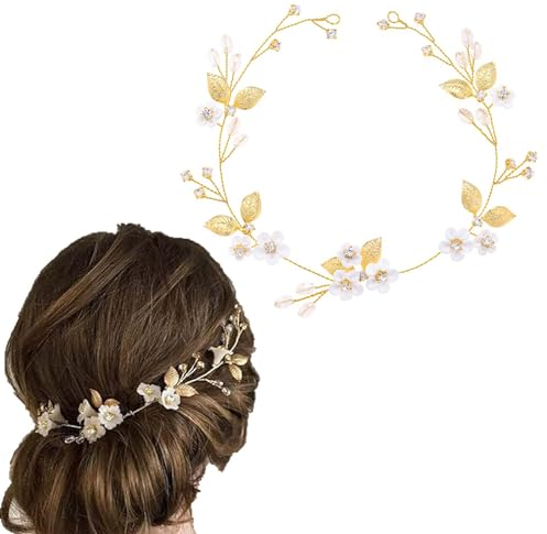 Fairvir Brautschmuck Hochzeit Haarranke, Blume, Goldblatt, strahlende Braut, Seitenkristall, Kopfschmuck, Haarschmuck für Damen und Mädchen (Gold)