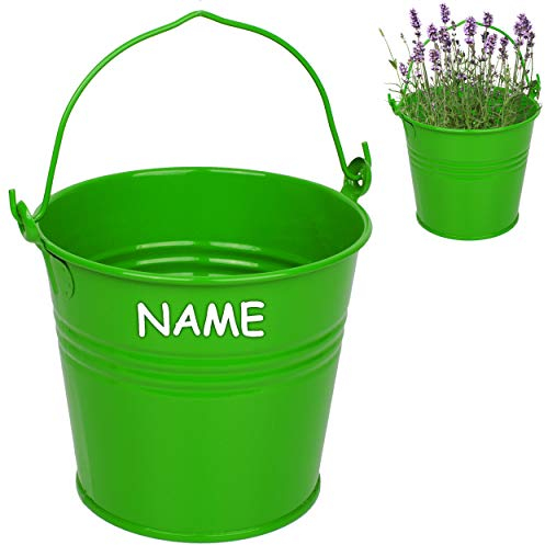 Kleiner - Metall Eimer/Blumentopf - grün - inkl. Name - 15 cm hoch - 2 Liter - rostfrei - Blech Eimer/Metalleimer - rund - mit 3-D Effekt Rillen Prägung -..