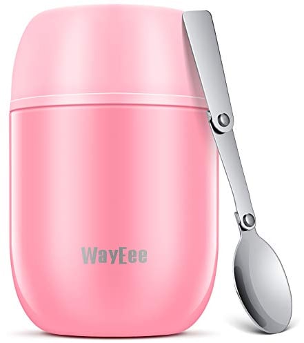 WayEee Food Flask, Food Flask for Hot Food Stainless Steel Food Jar with Folding Spoon-450ml (Pink)