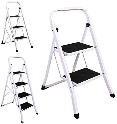 Trittleiter 2 Stufen Klappbar Kompakte Kleine Leiter Klappleiter, Klapptritt aus Metall mit Haltebügel und großen Stufen, Klapptreppe Stehleiter für Home Kitchen Office