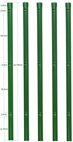 5 Stück Zaunpfosten Ø 34 mm für 1,2 Meter hohe Metallzaun Anlage in grün aus Maschendraht. Pfosten Zaun Pfahl mit Kappe und 3 montierte Spanndrahthalter.