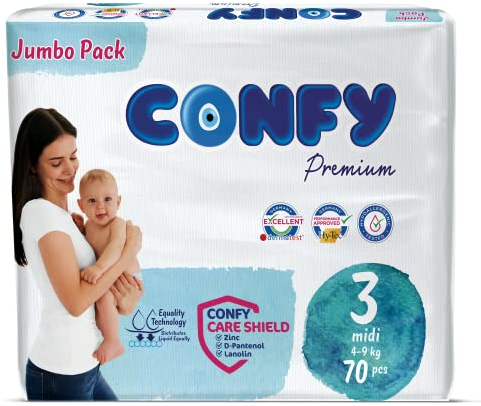 Confy Windeln für Babys (4-9 kg), Gr. 3 Jumbo Packung (70 Stk), Rundum Auslaufschutz