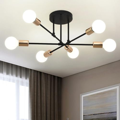 ZYDTRIP Moderner Sputnik Kronleuchter 6 Flammig Vintage schwarze Deckenleuchten Halbbündige Montage Metall E27-Fassung für Home Office Hotel Bar Wohnzimmer Esszimmer Schlafzimmer Küche