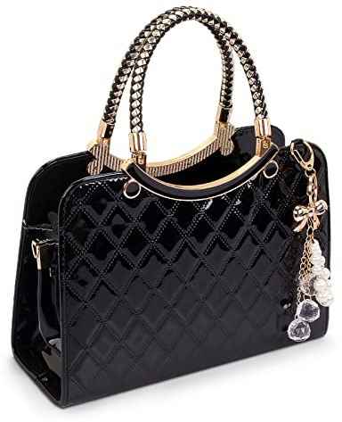 DIRRONA Borsa Donna Elegante con Trapuntatura a Rombi in Pelle PU Lucida – Borsetta per Festa, Matrimonio, Cena Romantica, Lavoro e Tempo Libero Nero Classico