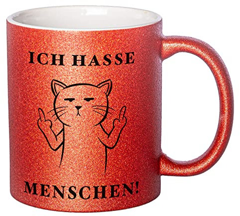 Glitzer Tasse mit Spruch Ich hasse Menschen | Rot | Katze | 330ml | doppelseitig bedruckt | Für Katzenliebhaber als witzige Geschenkidee zu Weihnachten für beste Freundin oder Kollegin