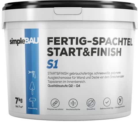 simpleBAU - Gebrauchsfertige Polymer-Spachtelmasse Weiß Start&Finish 7 KG, Reparatur Spachtel vor dem Anstrich, Wandspachtelmasse Aufgetragen wird Leicht Aufzutragen und zu Schleifen