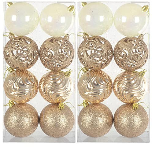 Pack of 16 Christmas Tree Baubles Large Decorations Assorted Designs 8cm - Champagne