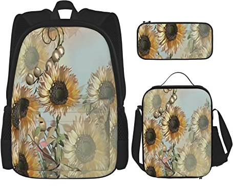 IUBBKI 3-teiliges Set Rucksäcke Land Sonnenblumen Büchertasche Reisen Camping Arbeit Schultasche Federmäppchen Lunchpaket Kombination für Männer Frauen Jungen Mädchen Einheitsgröße