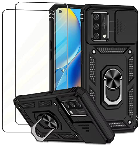 NEINEI Handyhülle für Oppo A74 4G Hülle + 2 Gehärtetes Glas,Militärqualität Stoßfeste Schutzhülle mit [Kameraschutz][Ständer],Outdoor Kratzfeste Case Cover,Schwarz