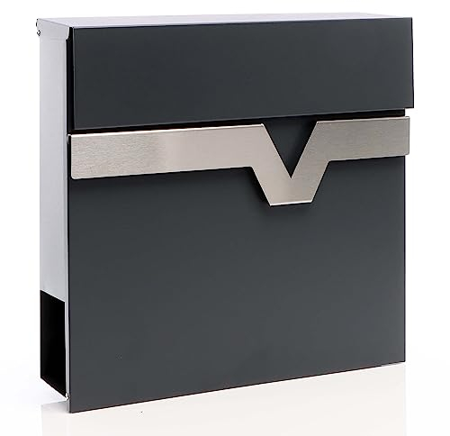 XPOtool Briefkasten V60 Anthrazit und Edelstahl 370 x 105 x 370 mm, Wandbriefkasten mit Schloss, Soft Close Klappe und Zeitungsfach, Postkasten aus Stahl pulverbeschichtet