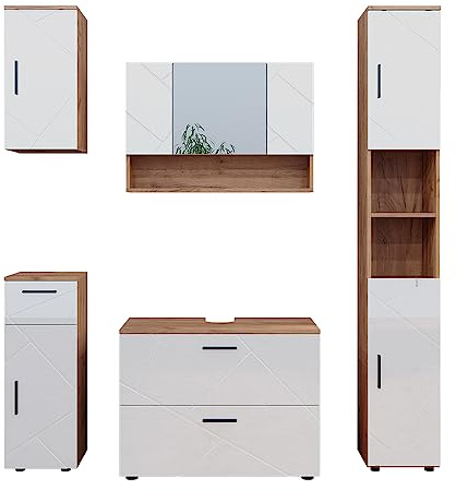 Vicco Badmöbel-Set Irma, Weiß Hochglanz/Goldkraft Eiche, 80 cm, besteht aus Waschbeckenunterschrank, Spiegelschrank, Hochschrank, Midischrank und Hängeschrank