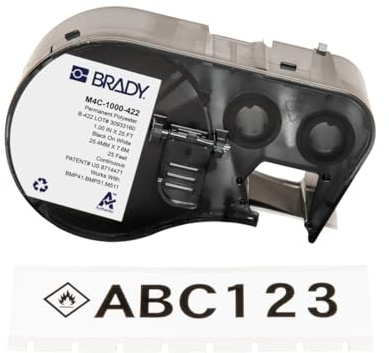 Brady Polyester-Etikettenband für Etikettendrucker BMP41/BMP51/BMP53/M511 - Klebeetiketten - Schwarz auf Weiß (25,40 mm (B) x 7,62 m (L)) - M4C-1000-422