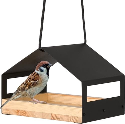 WONDERMAKE® Design Vogelhaus aus Metall und Holz wetterfest zum Aufhängen, modernes Vogelfutterhaus klein Metalldach hängend, Vogelhäuschen Futterhaus für Vögel, schwarz